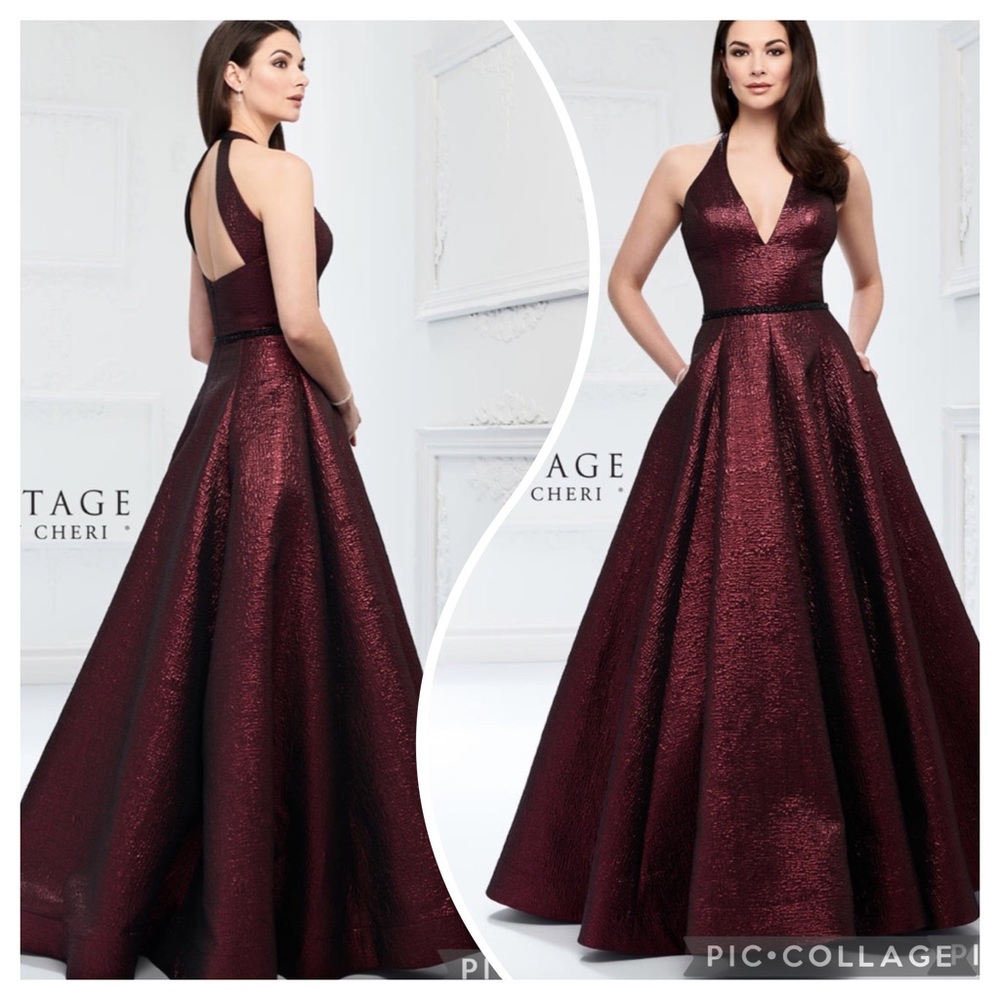 Montage by MonCheri fit and flare beaded metallic brocade gown